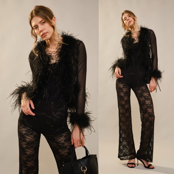 Tops - Elegant Black Feathered Women's Top